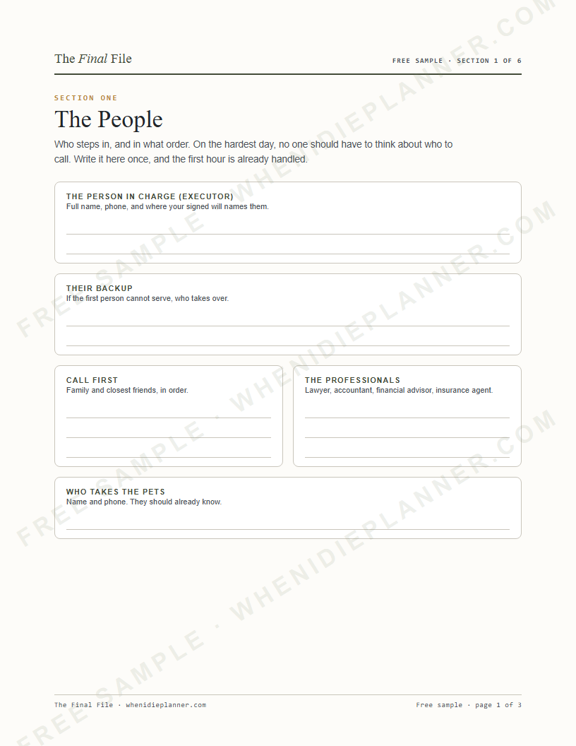 Free printable end-of-life planner page 1: The People, executor and emergency contacts