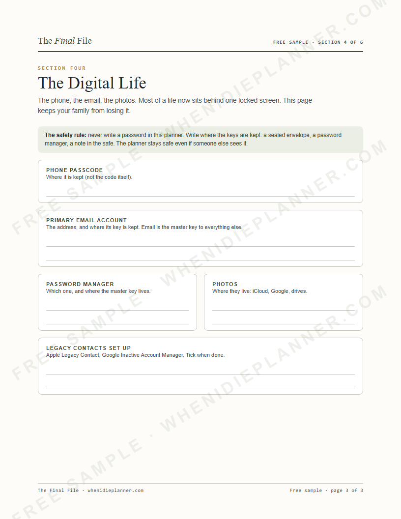 Free printable end-of-life planner page 3: The Digital Life, password locations and legacy contacts