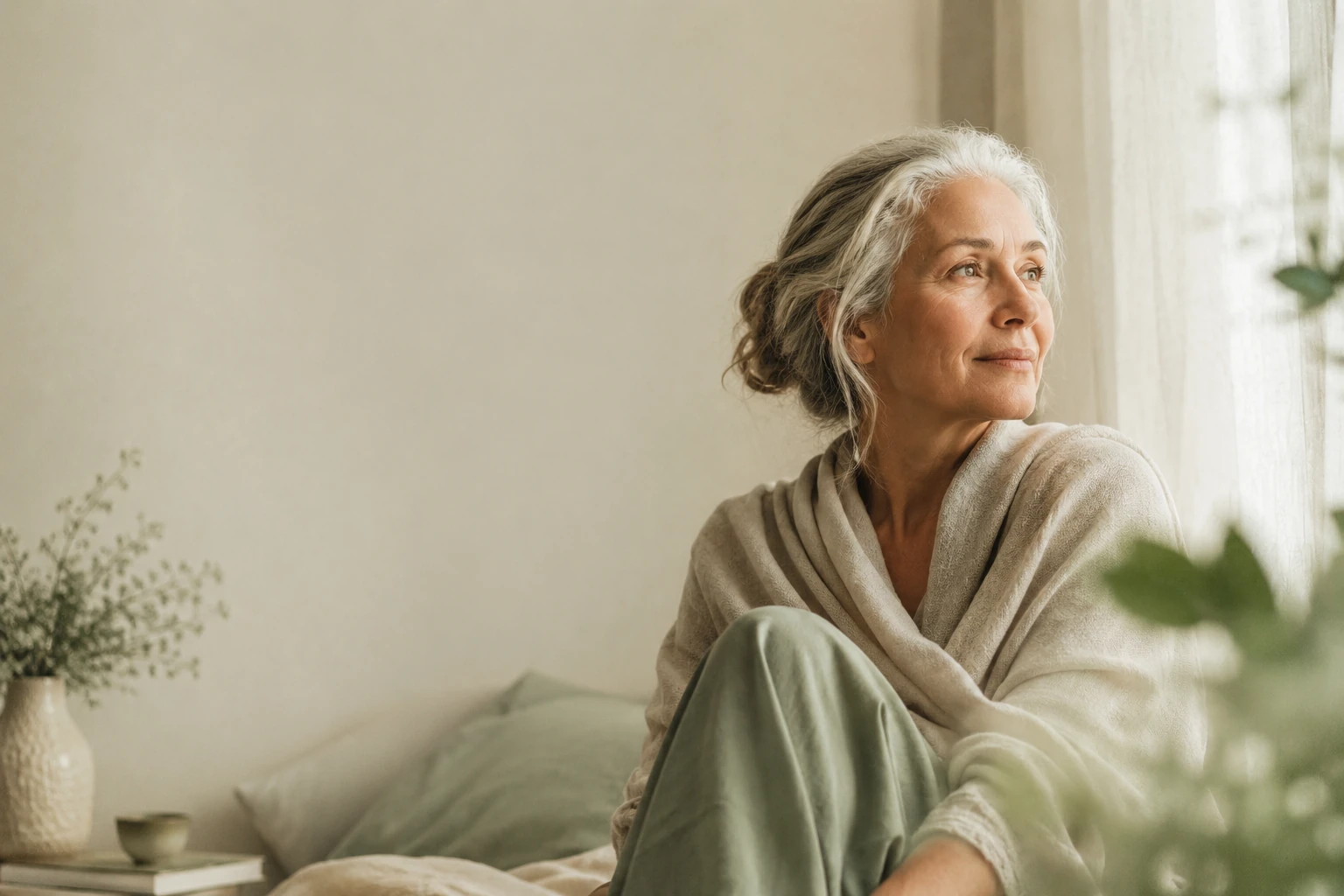 An older woman sitting calmly at home, at ease knowing her when-I-die planner is filled out