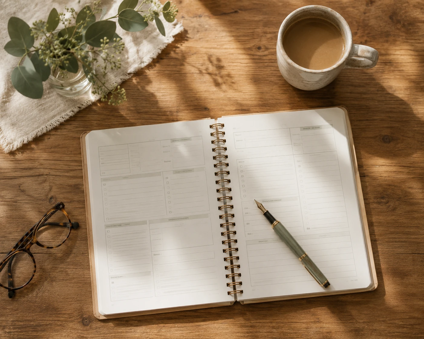 An open end-of-life planner on a wooden table with a fountain pen, reading glasses, and a cup of coffee