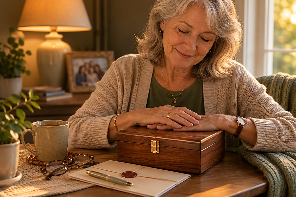 A calm older woman resting her hands on a small wooden keepsake box at a lamplit table, a framed family photo beside her